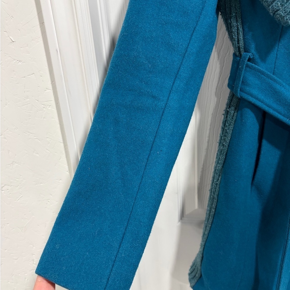Anthropologie Elevenses Teal Coat Ribbed Collar Belt Wool Blend Boho - Picture 2 of 15